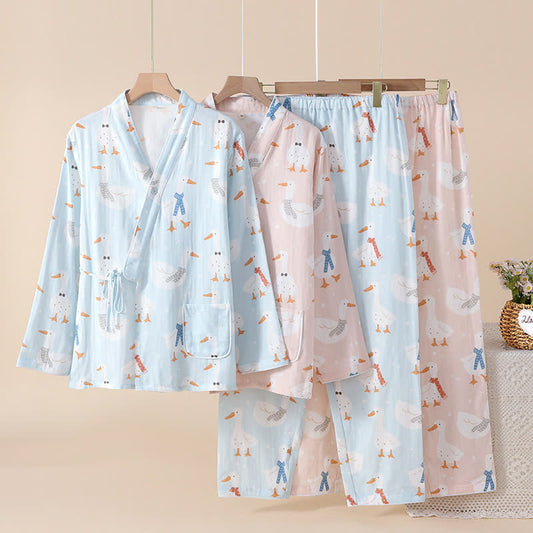 Baumwollgaze-Kimono-Pyjama mit Cartoon-Gans - image 0