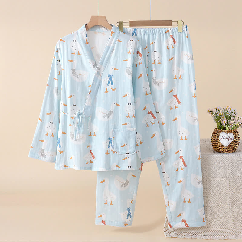 Baumwollgaze-Kimono-Pyjama mit Cartoon-Gans - Blau - 2XL - image 3