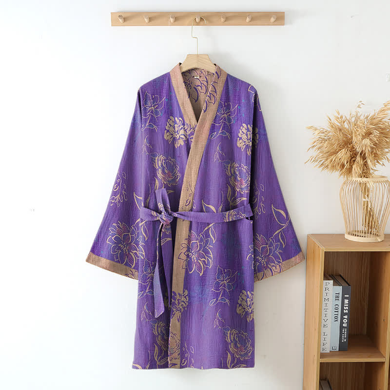 Zweifarbiger Kimono-Bademantel aus Baumwollgaze mit Pfingstrosenmotiv - image 1