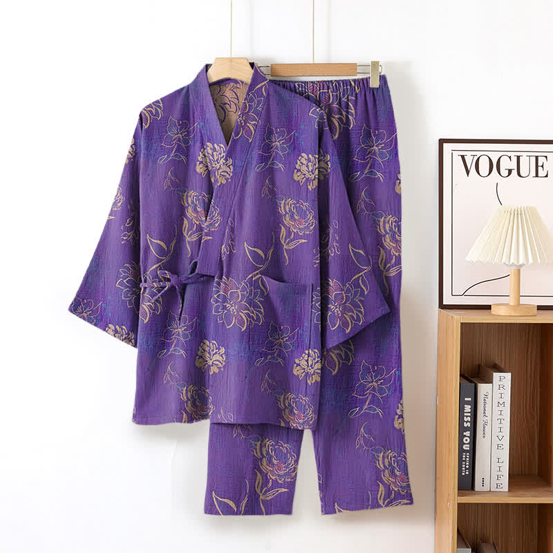 Peony – Loungewear-Set aus Baumwollgaze-Kimono - Lila - XL - image 1