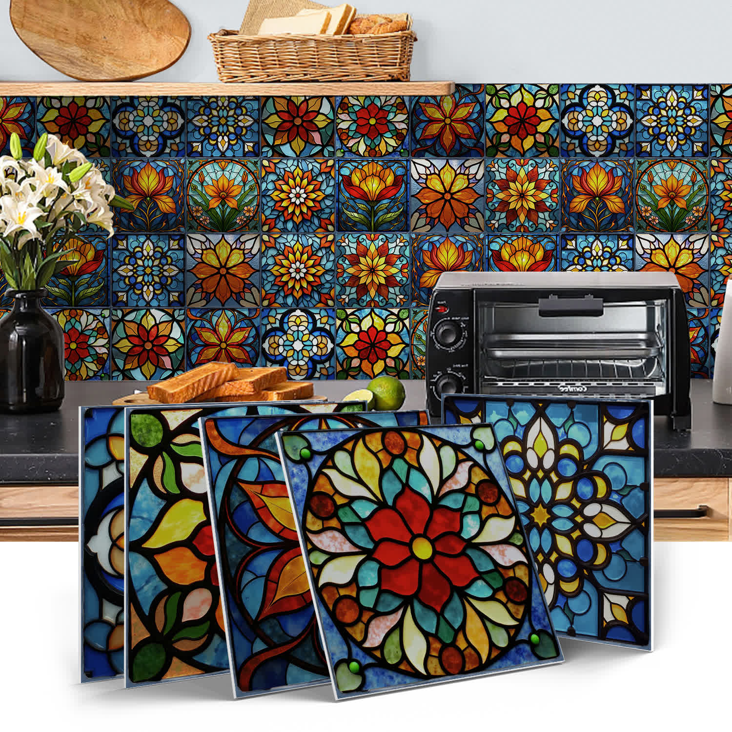 Wandaufkleber aus PET-Schaumfliesen im Boho-Stil mit Blumenmuster - image 0