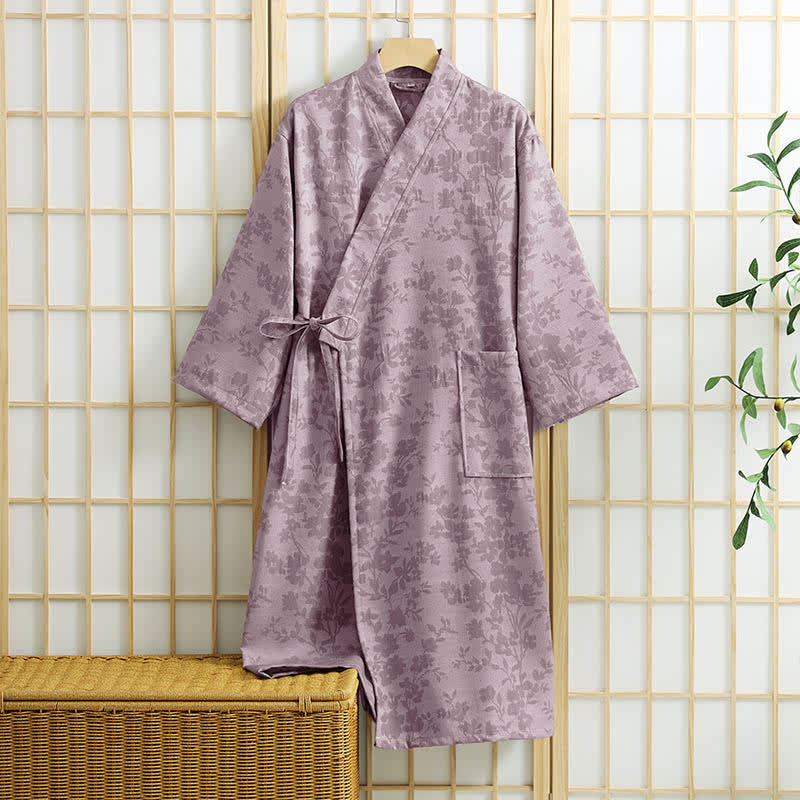 Dezenter Kimono-Bademantel mit Blumenmuster und Tasche - Lila - XL - image 10