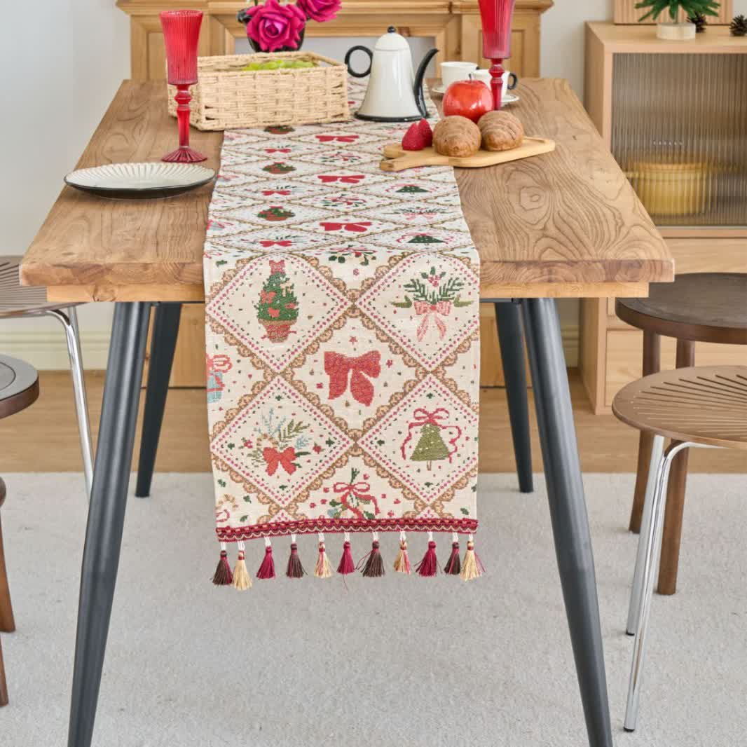 Weihnachts-Jacquard-Tischläufer mit Schleife und Rautenmuster - image 1