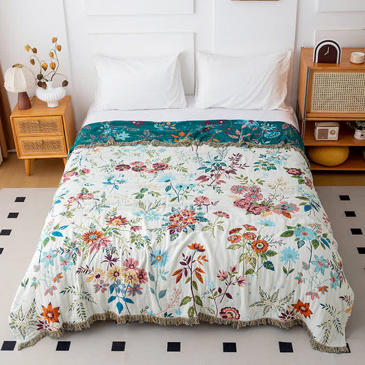 Quilt mit Quasten aus natürlicher Baumwolle mit Blumenranken - 230cm x 250cm - image 0