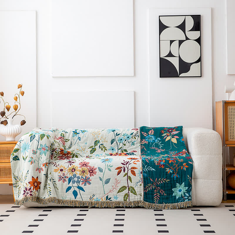 Quilt mit Quasten aus natürlicher Baumwolle mit Blumenranken - image 4