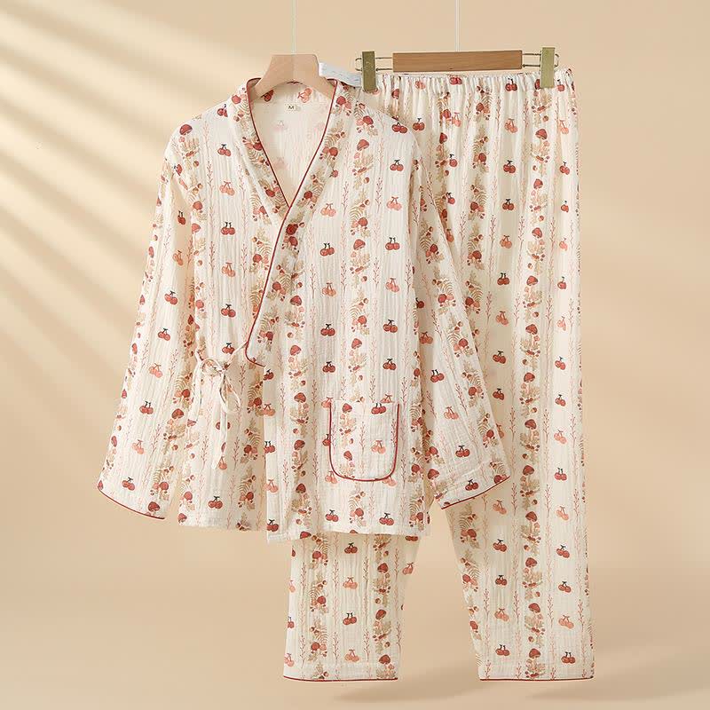 Kimono-Pyjama aus Baumwollgaze mit Kirsch- und Pilzmotiv - XL - image 0