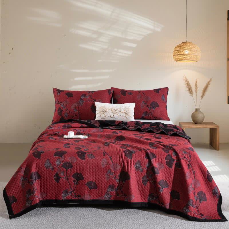 Wendesteppdecke aus Baumwolle mit orangefarbenen Ginkgoblättern - Rot & Schwarz - Steppdecke mit 2 Kissenbezügen - 240cm x 250cm - image 21