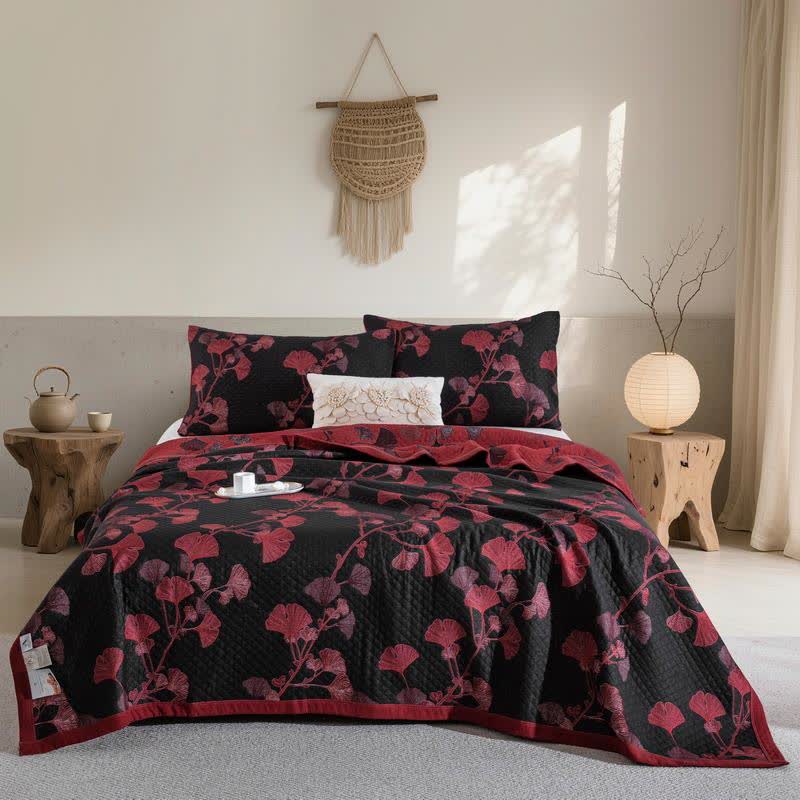 Wendesteppdecke aus Baumwolle mit orangefarbenen Ginkgoblättern - Schwarz & Rot - Steppdecke mit 2 Kissenbezügen - 240cm x 250cm - image 13