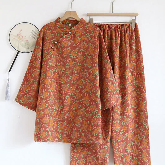 Orangefarbener Pyjama aus Baumwollgaze mit Jacquard-Blumenmuster - XL - image 0