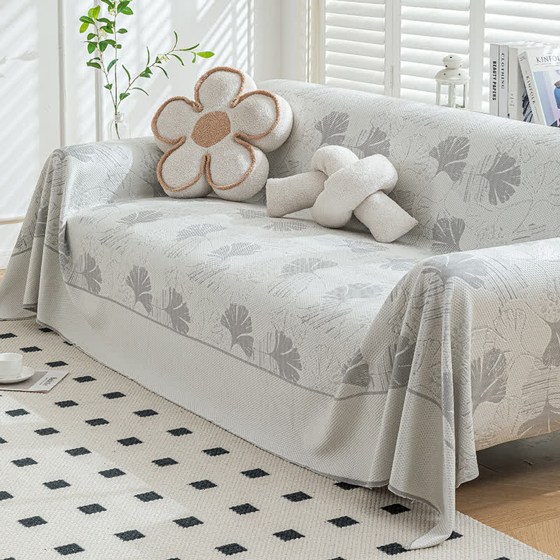 Sofaschoner aus Eisseide mit Ginkgoblättern - Hellgrau - 180cm x 340cm - image 3