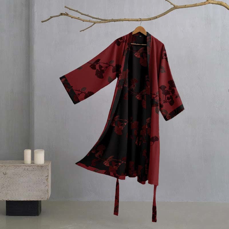Großer Kimono-Bademantel aus Baumwolle mit Ginkgoblättern - Rot & Schwarz - 2XL - image 11