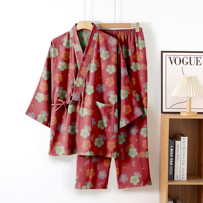 Plum Blossom Baumwoll-Kimono-Loungewear-Set - Rot - XL - image 1