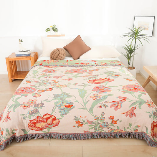 Steppdecke mit Quasten aus Baumwollgaze mit Orangenblüten - 200cm x 230cm - image 0