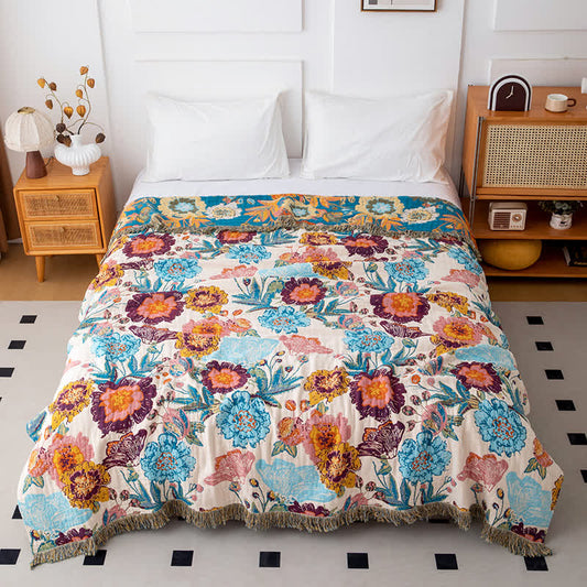 Farbenfrohe, luxuriöse Steppdecke aus Baumwolle mit Pfingstrosen-Quasten - 200cm x 230cm - image 0