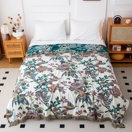 Quilt mit Quasten aus Baumwollgaze mit fliegendem Vogel - Weiß & Grün - 200cm x 230cm - image 0
