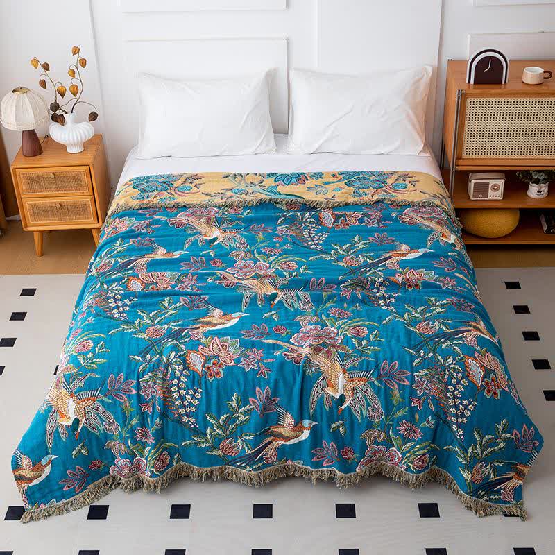Quilt mit Quasten aus Baumwollgaze mit fliegendem Vogel - Blau & Gelb - 200cm x 230cm - image 6