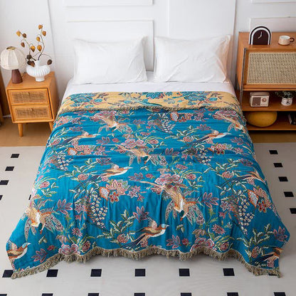 Quilt mit Quasten aus Baumwollgaze mit fliegendem Vogel - Blau & Gelb - 200cm x 230cm - image 6