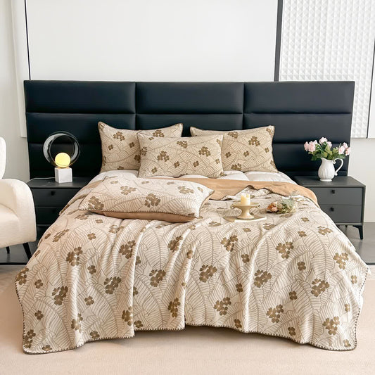 Jacquard-Überwurfdecke mit Blatt- und Blumenmuster - 2 Stück Kissenbezüge - Khaki - 48cm x 74cm - image 0