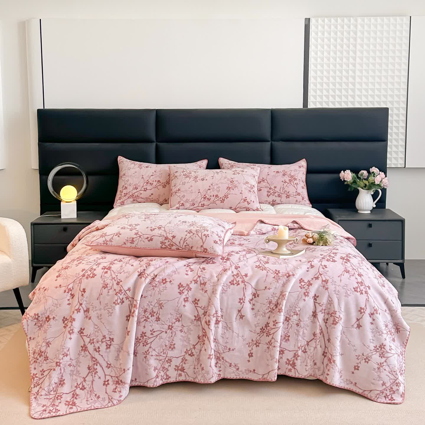 Jacquard-Überwurfdecke mit Zweig-Blumenmuster - 2 Stück Kissenbezüge - Rosa - 48cm x 74cm - image 0