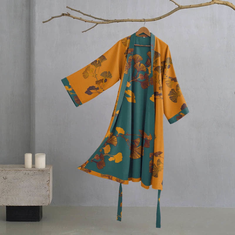 Großer Kimono-Bademantel aus Baumwolle mit Ginkgoblättern - Gelb & Grün - XL - image 8