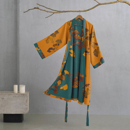 Großer Kimono-Bademantel aus Baumwolle mit Ginkgoblättern - Gelb & Grün - XL - image 8