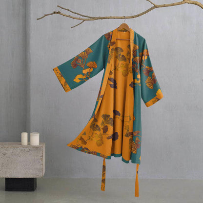 Großer Kimono-Bademantel aus Baumwolle mit Ginkgoblättern - Grün & Gelb - L - image 6