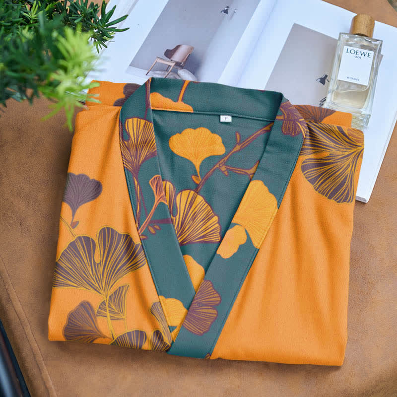 Großer Kimono-Bademantel aus Baumwolle mit Ginkgoblättern - image 9
