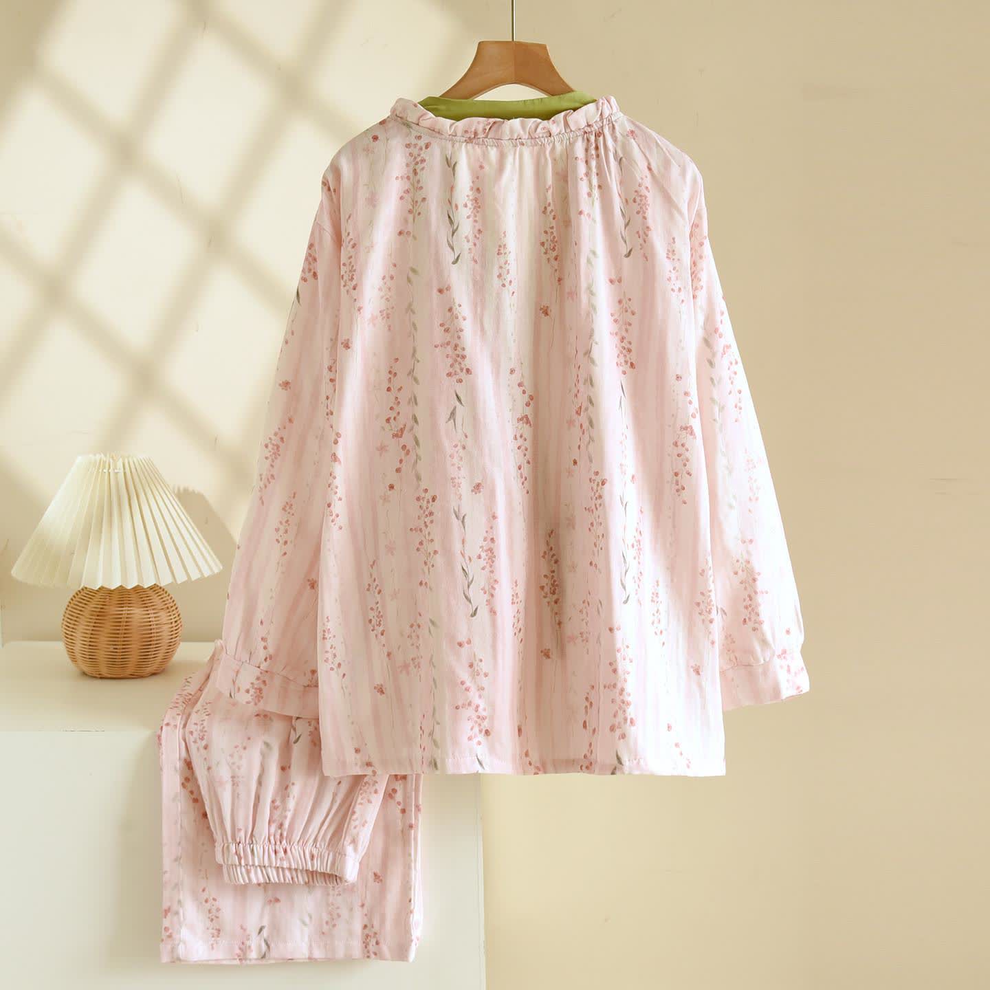 Rosa gestreiftes Kimono-Loungewear-Set mit Blumenmuster - image 1