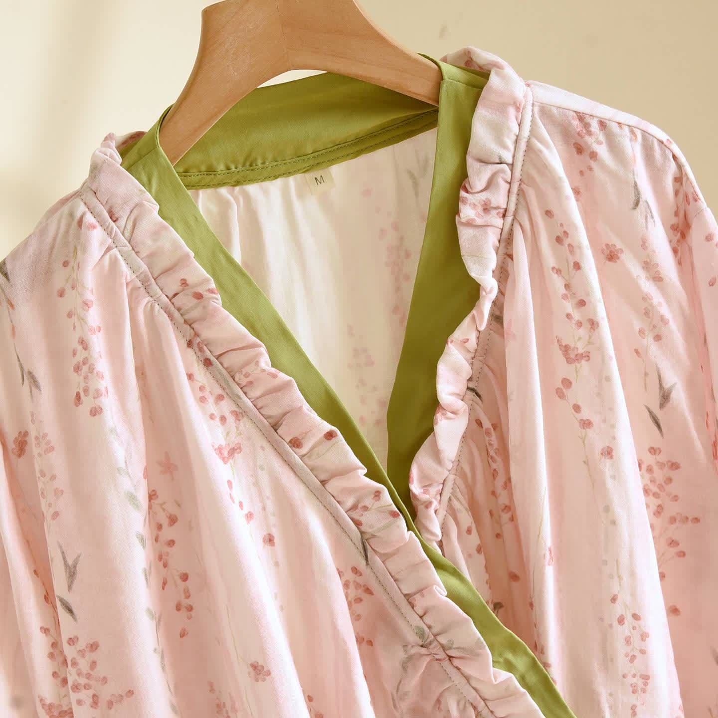 Rosa gestreiftes Kimono-Loungewear-Set mit Blumenmuster - image 2
