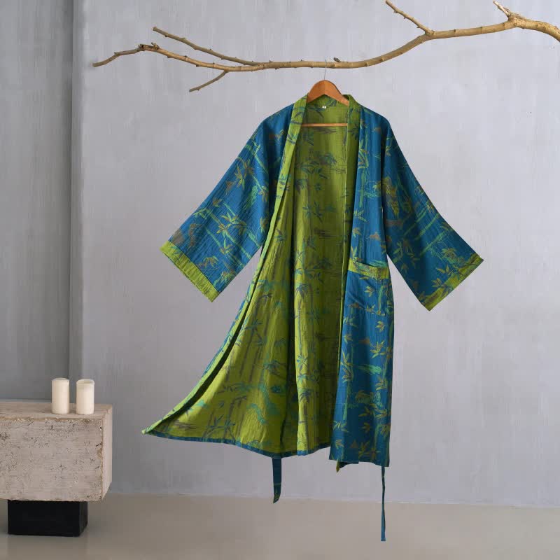 Zweifarbiger Kimono-Bademantel aus Bambus-Baumwoll-Gaze - Blau - 2XL - image 14