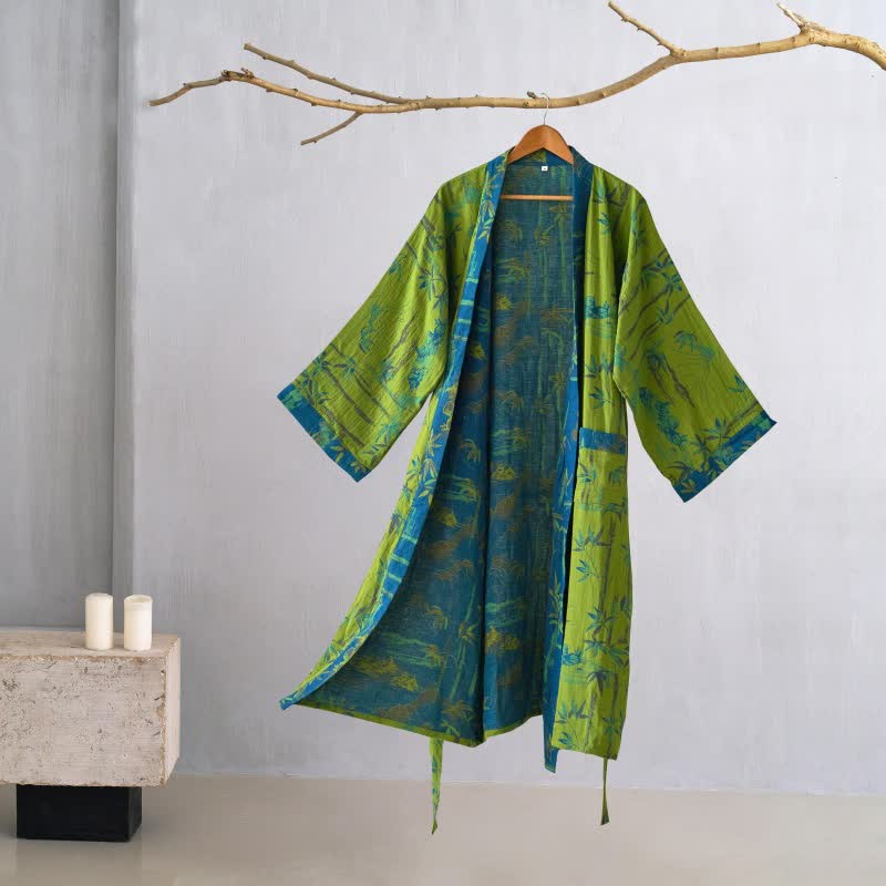 Zweifarbiger Kimono-Bademantel aus Bambus-Baumwoll-Gaze - Grün - 2XL - image 0