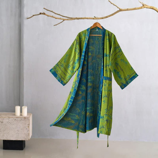 Zweifarbiger Kimono-Bademantel aus Bambus-Baumwoll-Gaze - Grün - 2XL - image 0