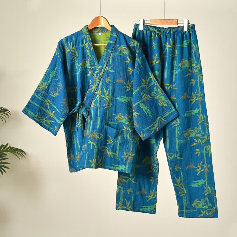 Loungewear-Set aus Kimono aus Bambus-Baumwollgaze - Blau - XL - image 12