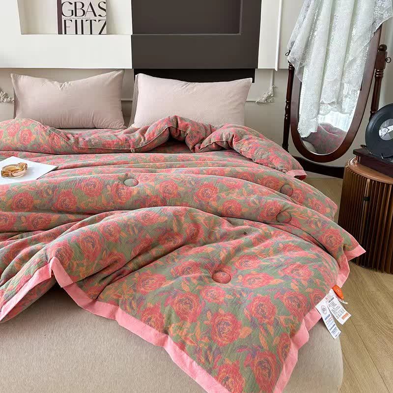 Rosa Rosen-Steppdecke aus Baumwollgaze-Jacquard - image 7