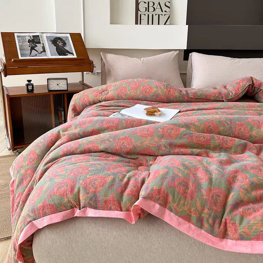 Rosa Rosen-Steppdecke aus Baumwollgaze-Jacquard - Winterquilt - 220cm x 240cm - image 0