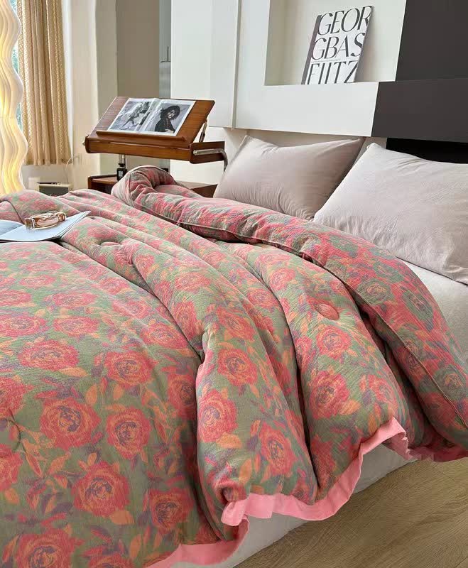 Rosa Rosen-Steppdecke aus Baumwollgaze-Jacquard - image 2