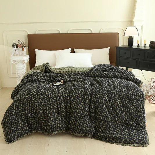 Retro-Blumen-Steppdecke aus Baumwollgaze-Jacquard - Schwarz & Grün - Winterquilt - 220cm x 240cm - image 0