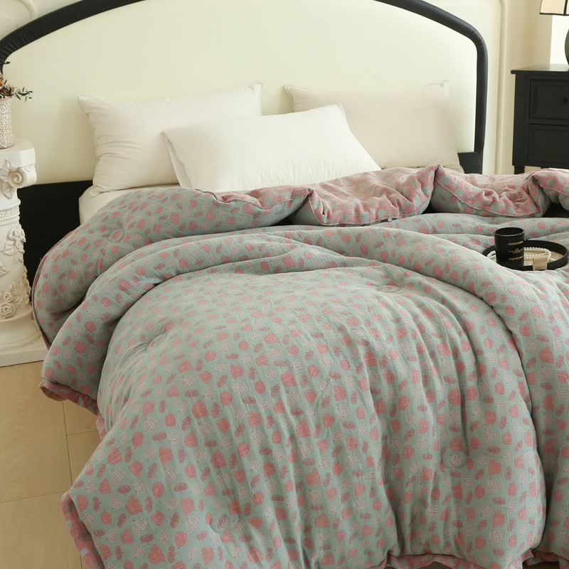 Lustige Kürbis-Steppdecke aus Baumwollgaze und Jacquard - Blau & Pink - Winterquilt - 220cm x 240cm - image 4