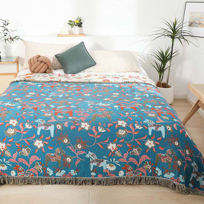 Steppdecke aus natürlicher Baumwollgaze mit Pferdemotiv und Blumenmuster - image 1