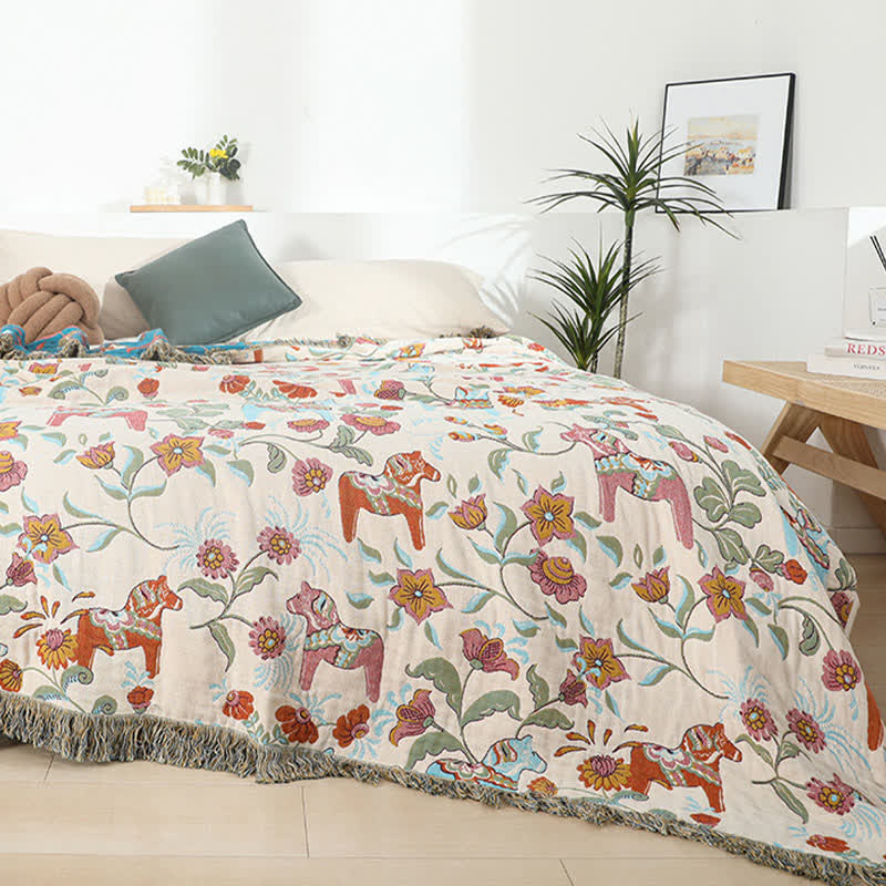 Steppdecke aus natürlicher Baumwollgaze mit Pferdemotiv und Blumenmuster - image 2