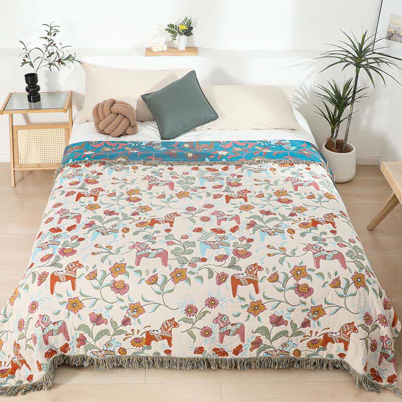 Steppdecke aus natürlicher Baumwollgaze mit Pferdemotiv und Blumenmuster - 200cm x 230cm - image 0