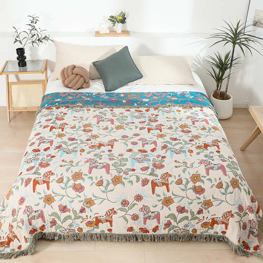 Steppdecke aus natürlicher Baumwollgaze mit Pferdemotiv und Blumenmuster - 200cm x 230cm - image 0