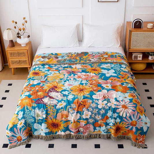 Patchwork-Steppdecke aus natürlicher Baumwollgaze mit Blumenmuster - 200cm x 230cm - image 0
