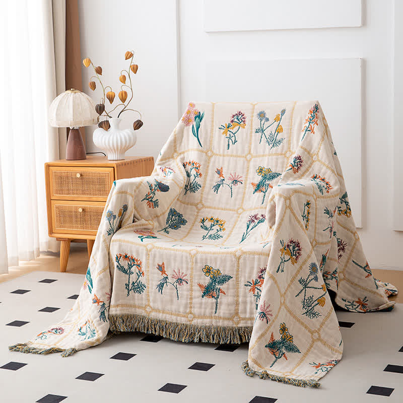 Steppdecke aus natürlicher Baumwollgaze mit Blumenmuster und Karomuster - image 1