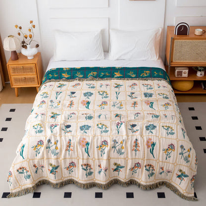 Steppdecke aus natürlicher Baumwollgaze mit Blumenmuster und Karomuster - 200cm x 230cm - image 0