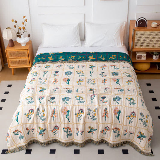 Steppdecke aus natürlicher Baumwollgaze mit Blumenmuster und Karomuster - 200cm x 230cm - image 0
