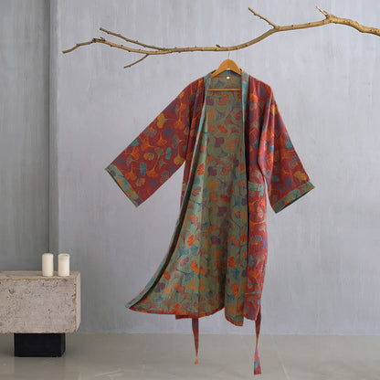 Kimono-Bademantel aus Baumwollgaze „Ginkgo Biloba“ - Wein - 2XL - image 13