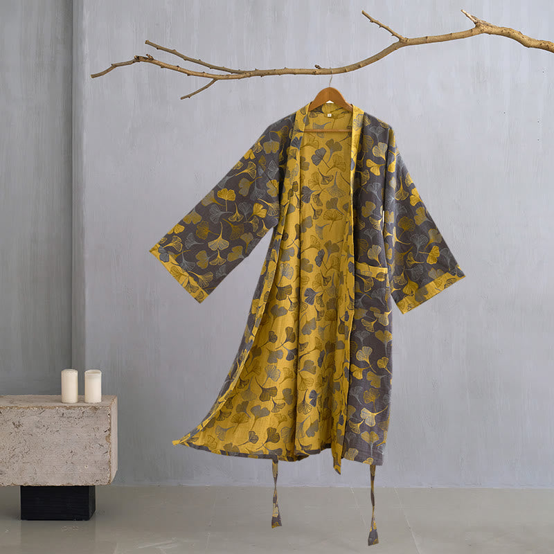 Kimono-Bademantel aus Baumwollgaze „Ginkgo Biloba“ - Dunkelgrau - XL - image 23