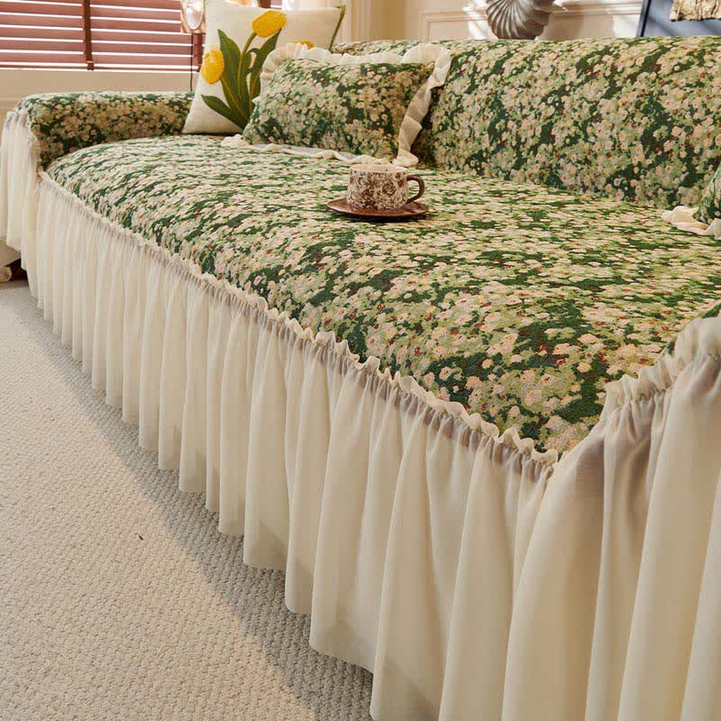 Grüner Sofaschoner mit Blumenmuster und Rüschen - 180cm x 340cm - image 0