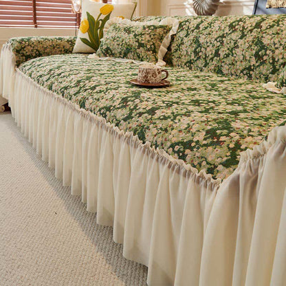Grüner Sofaschoner mit Blumenmuster und Rüschen - 180cm x 340cm - image 0